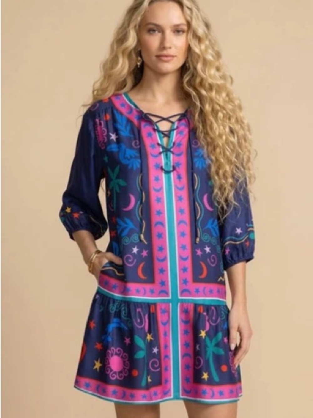 Jade/ Johnny Was Navy Multicolor Lace-Up Peasant  Dress